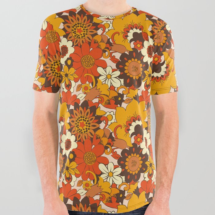 Retro 70s Flower Power, Floral, Orange Brown Yellow Psychedelic Pattern All Over Graphic Tee