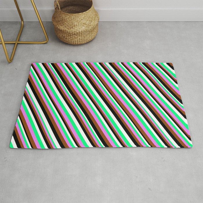 Colorful Green, Violet, Brown, Black & White Colored Stripes Pattern Rug