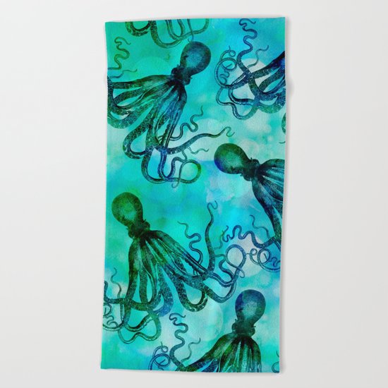Octopus blue green mixed media underwater artwork Beach Towel