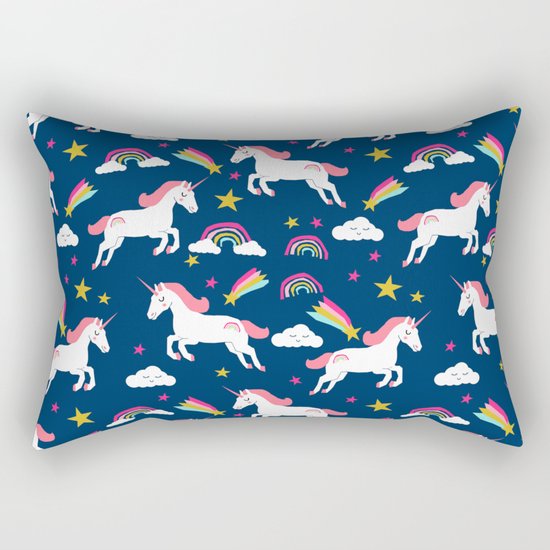 Unicorns happy clouds rainbows magical pony pattern navy pastels Rectangular Pillow
