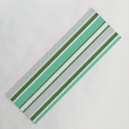 [ Thumbnail: Aquamarine, Dark Olive Green, Light Grey, and Mint Cream Colored Pattern of Stripes Yoga Mat ]