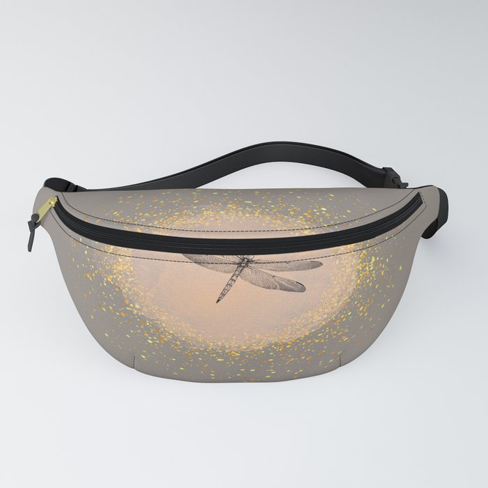 Sketched Dragonfly and Gold Circle Frame on Pale Brown Fanny Pack