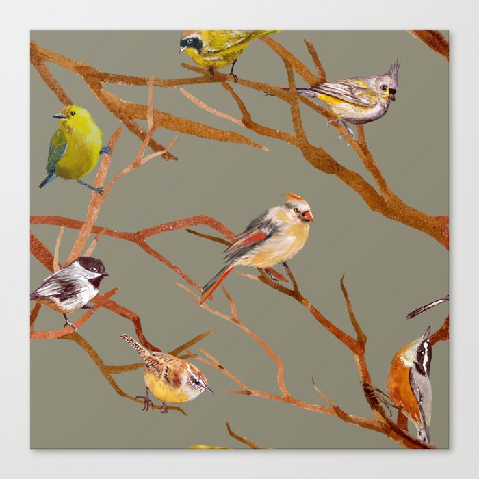 Birds on a Limb Medium Sage Green Canvas Print