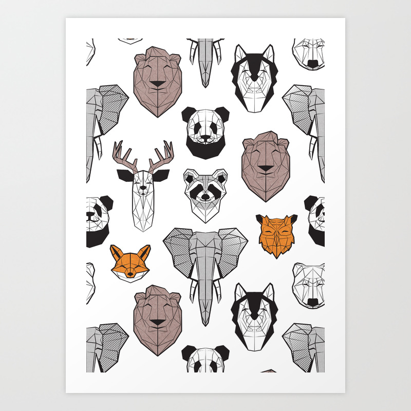 Friendly Geometric Animals White Background Black And White Orange Grey And Taupe Brown Animals Art Print By Selmacardoso Society6