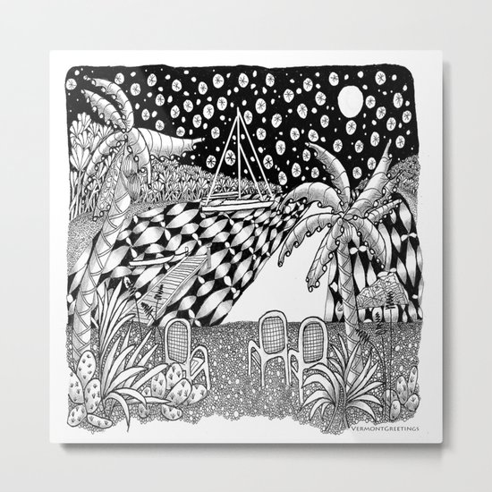 Sailboat Night at Sea - Black and White Zentangle Illustration Metal Print