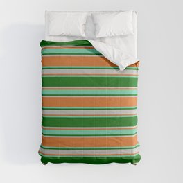 [ Thumbnail: Chocolate, Aquamarine, Dark Green, and Grey Colored Lines Pattern Comforter ]