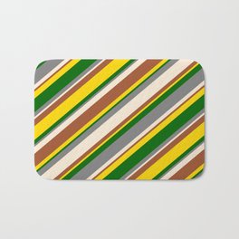 [ Thumbnail: Eye-catching Gray, Beige, Sienna, Yellow, and Dark Green Colored Lines/Stripes Pattern Bath Mat ]