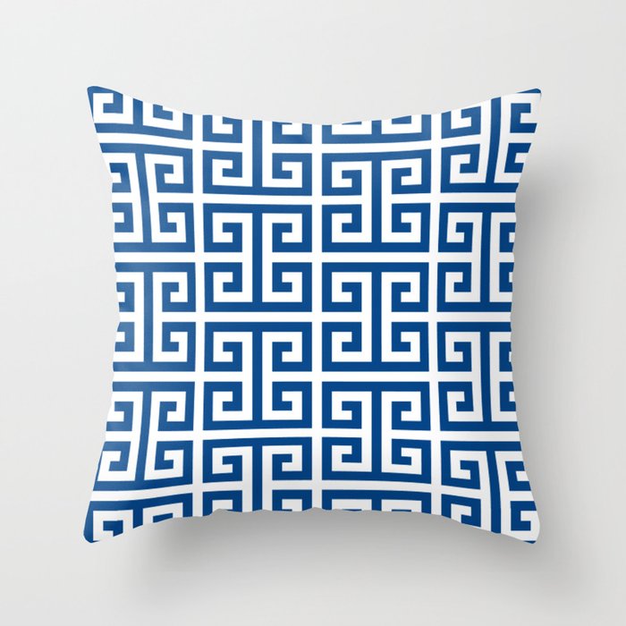 Denim Blue and White Greek Key Pattern Throw Pillow