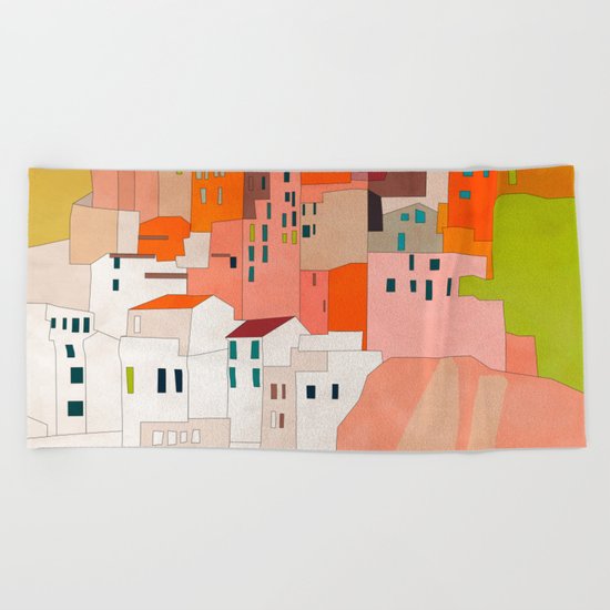Italy Coast Houses Minimal Abstract Painting Beach Towel By
