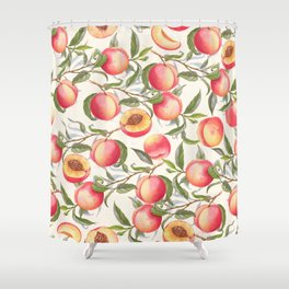 Hand-drawn watercolor seamless pattern with orange fresh peaches on the branch and flowers. Repeated background Shower Curtain