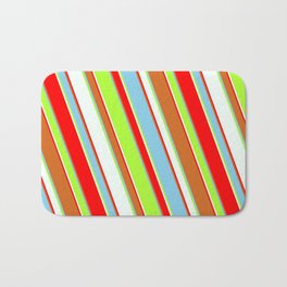 [ Thumbnail: Colorful Chocolate, Sky Blue, Light Green, Mint Cream, and Red Colored Lined/Striped Pattern Bath Mat ]