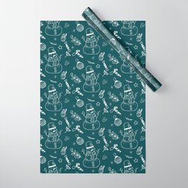 Teal Blue and White Christmas Snowman Doodle Pattern Wrapping Paper