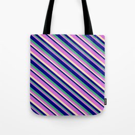 [ Thumbnail: Blue, Sea Green, Orchid, and Beige Colored Striped/Lined Pattern Tote Bag ]