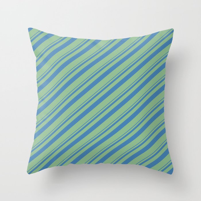 Blue and Dark Sea Green Colored Lined/Striped Pattern Throw Pillow