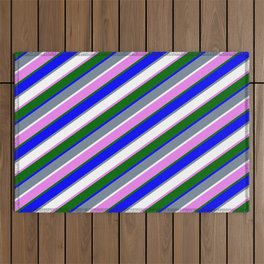 [ Thumbnail: Light Slate Gray, White, Violet, Dark Green & Blue Colored Stripes Pattern Outdoor Rug ]