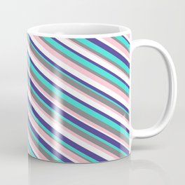 [ Thumbnail: Vibrant Gray, Pink, White, Dark Slate Blue & Turquoise Colored Striped Pattern Coffee Mug ]