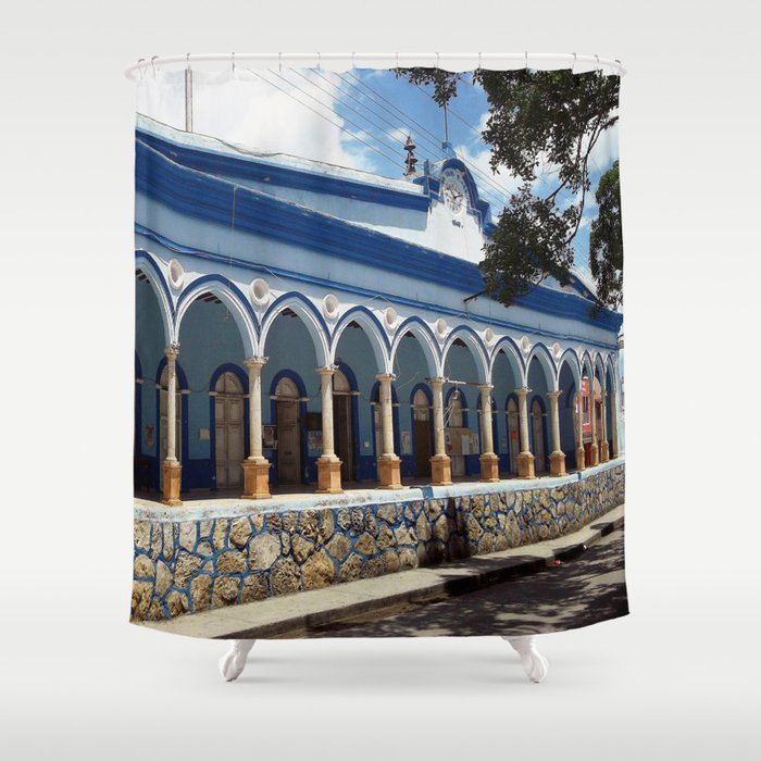 Mexico Photography - Blue Beautiful Palace By The Street Shower Curtain