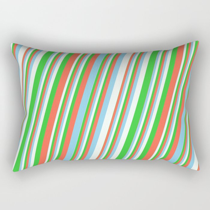 Red, Sky Blue, Mint Cream, and Lime Green Colored Pattern of Stripes Rectangular Pillow