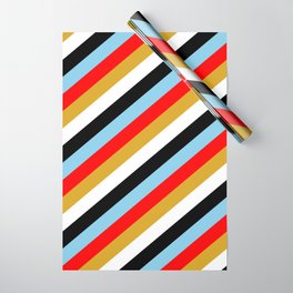 [ Thumbnail: Sky Blue, Red, Goldenrod, White & Black Colored Lines/Stripes Pattern Wrapping Paper ]