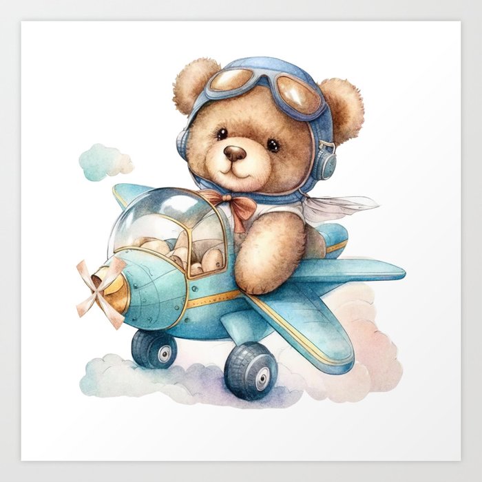 Teddy Bear in Airplane Blue Watercolor Print Art Print