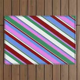 [ Thumbnail: Vibrant Cornflower Blue, Violet, Sea Green, Mint Cream & Maroon Colored Lined Pattern Outdoor Rug ]