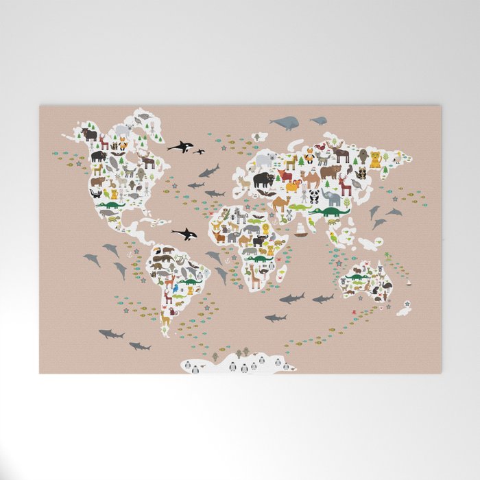 Cartoon world map for children, kids, Animals from all over the world, back to school, rosybrown Welcome Mat