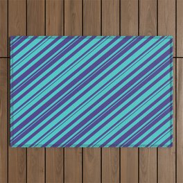 [ Thumbnail: Dark Slate Blue and Turquoise Colored Striped/Lined Pattern Outdoor Rug ]