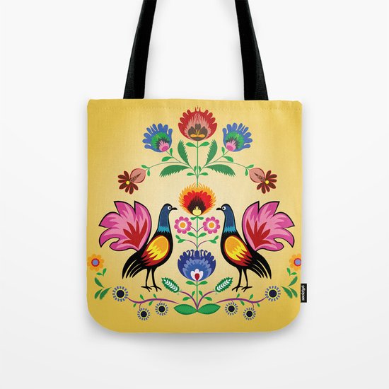 Polish Folk With Decorative Floral & Cockerels Tote Bag