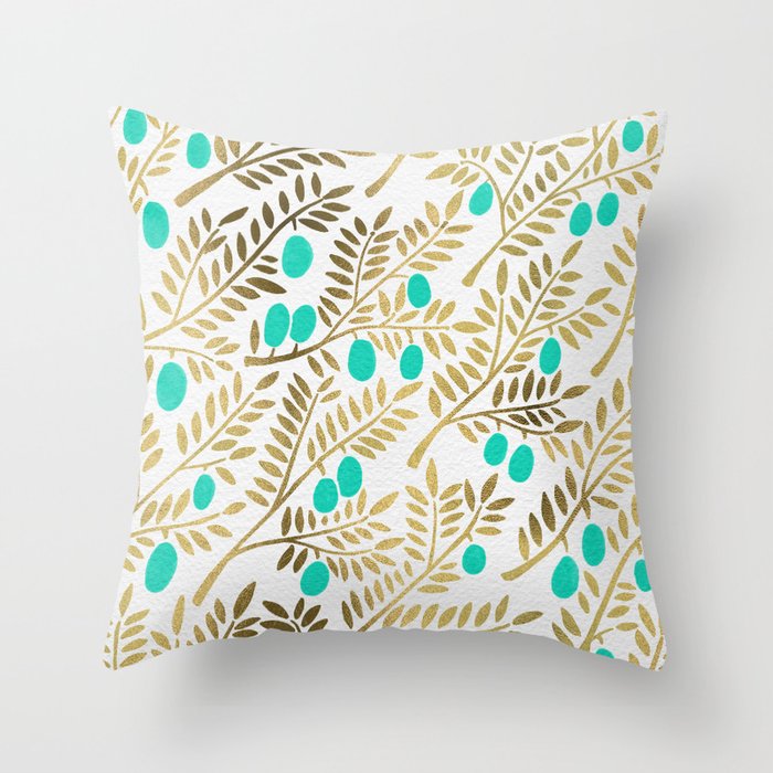 Gold & Turquoise Olive Branches Throw Pillow