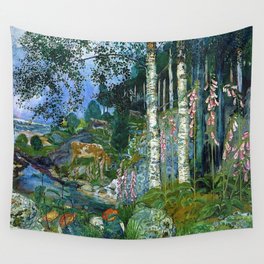 Wilderness Landscape, Wild Foxglove Flowers, White Birch, Stream & Cattle by Nikolai Astrup Wall Tapestry