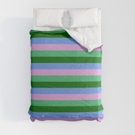 [ Thumbnail: Eyecatching Cornflower Blue, Plum, Sea Green, and Dark Green Striped/Lined Pattern Comforter ]
