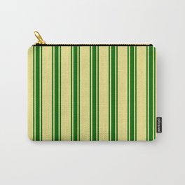 [ Thumbnail: Tan and Dark Green Colored Lined/Striped Pattern Carry-All Pouch ]