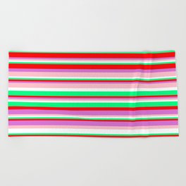 [ Thumbnail: Colorful Green, Red, Orchid, Pink, and White Colored Pattern of Stripes Beach Towel ]