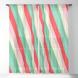 [ Thumbnail: Vibrant Sea Green, Aquamarine, Red, Light Pink, and Light Yellow Colored Stripes Pattern Sheer Curtain ]