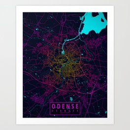 Odense City Map of Denmark - Neon Art Print
