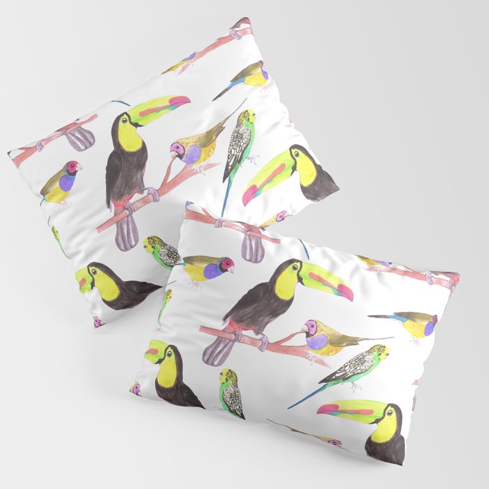 Exotic Pet birds in watercolor- Budgies, toucans and gouldian finches Pillow Sham