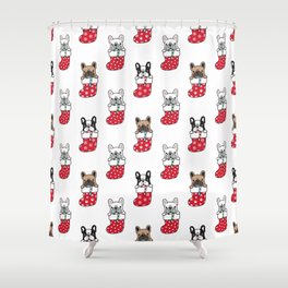 Cute bulldogs in Christmas stockings Shower Curtain
