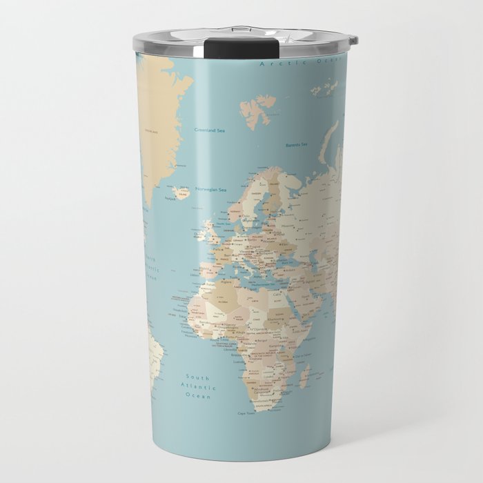 Cream, brown and muted teal world map, "Jett" Travel Mug