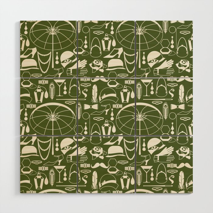 White Old-Fashioned 1920s Vintage Pattern on Olive Green Wood Wall Art