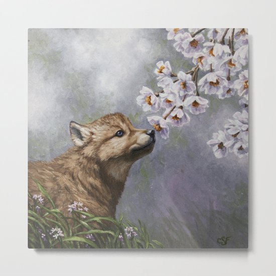 Wolf Pup and Spring Blossoms Metal Print