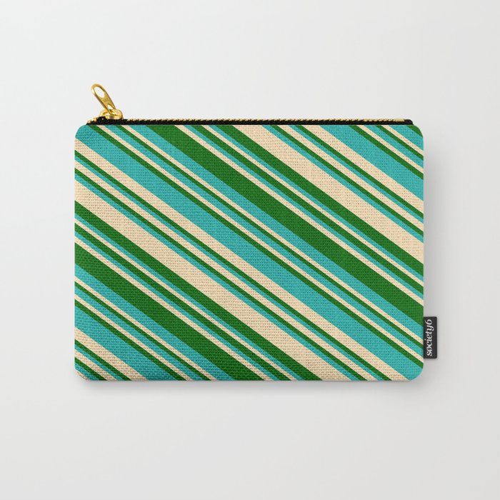 Light Sea Green, Beige, and Dark Green Colored Lined Pattern Carry-All Pouch