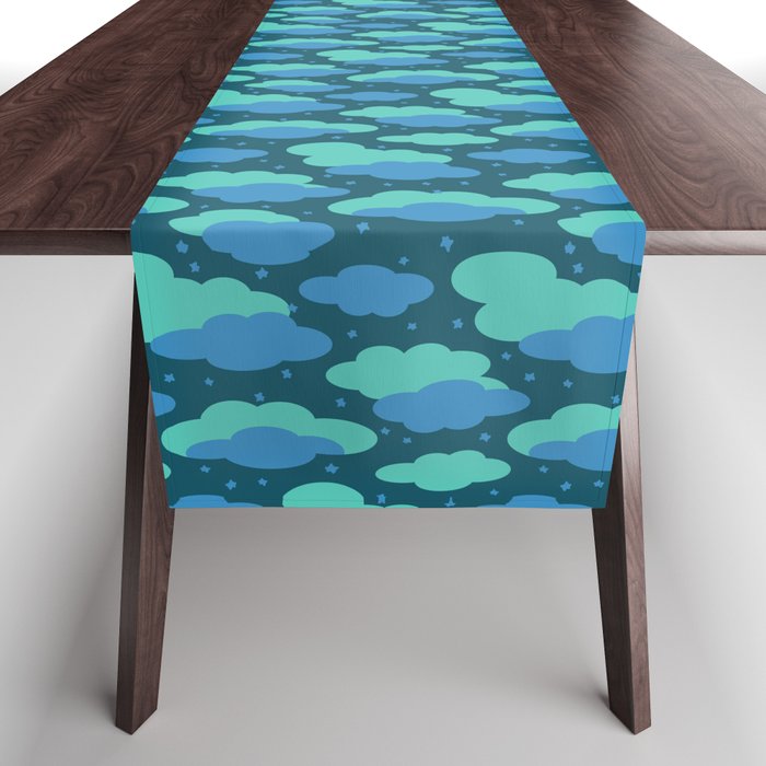 NIGHT DREAMS FLUFFY BLUE AND TURQUOISE CLOUDS IN A NAVY SKY WITH STARS Table Runner