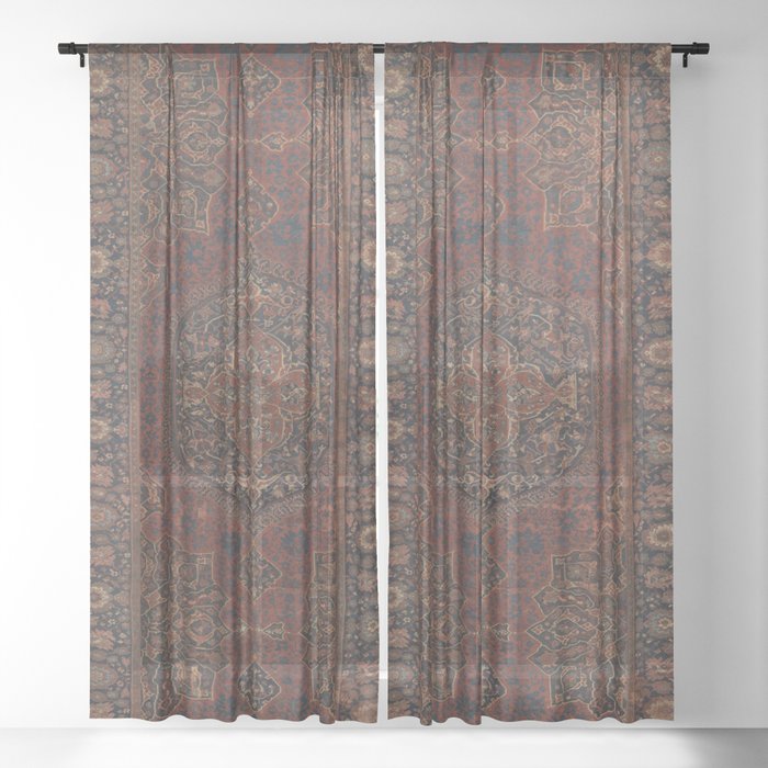 Boho Chic Dark I // 17th Century Colorful Medallion Red Blue Green Brown Ornate Accent Rug Pattern Sheer Curtain