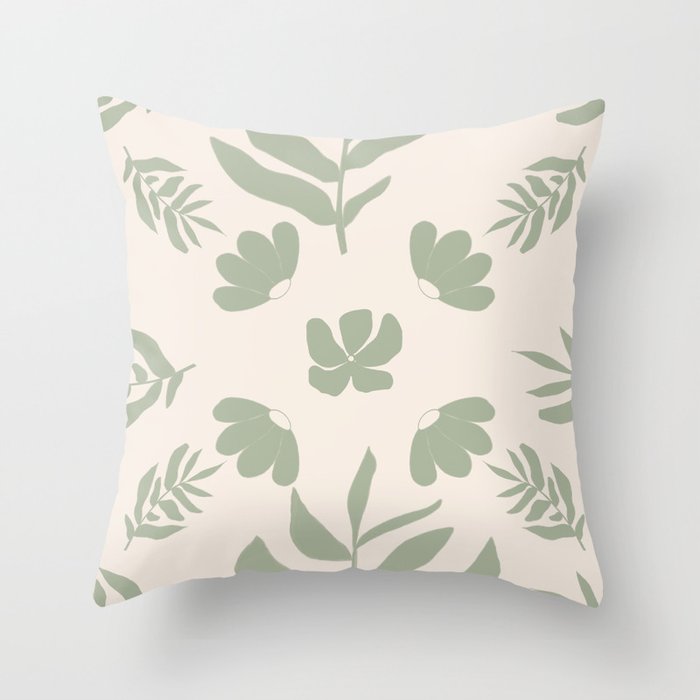 Sage Green Leaf and Wildflowers Pattern Throw Pillow