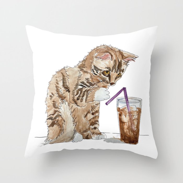 Curious Coffee Cat Throw Pillow