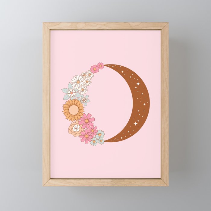 Floral Moon on Pink Framed Mini Art Print