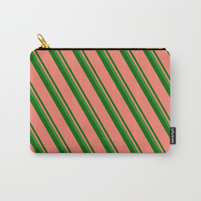 Forest Green, Dark Green & Salmon Colored Stripes Pattern Carry-All Pouch