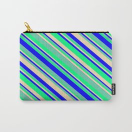[ Thumbnail: Tan, Blue, Aquamarine & Green Colored Lines Pattern Carry-All Pouch ]