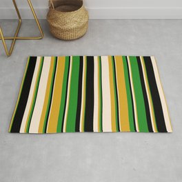 [ Thumbnail: Goldenrod, Beige, Black & Forest Green Colored Striped Pattern Rug ]