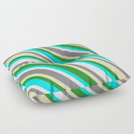[ Thumbnail: Colorful Grey, Tan, Forest Green, Aqua & White Colored Pattern of Stripes Floor Pillow ]